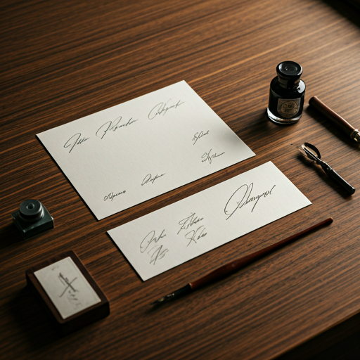 A collection of beautifully styled signature templates laid out on a polished wooden desk alongside vintage calligraphy tools.