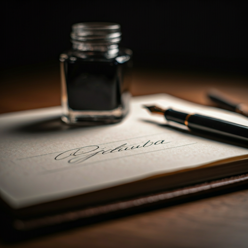 A close-up shot of a fountain pen resting next to a rough pencil sketch of a signature on a handmade journal page.